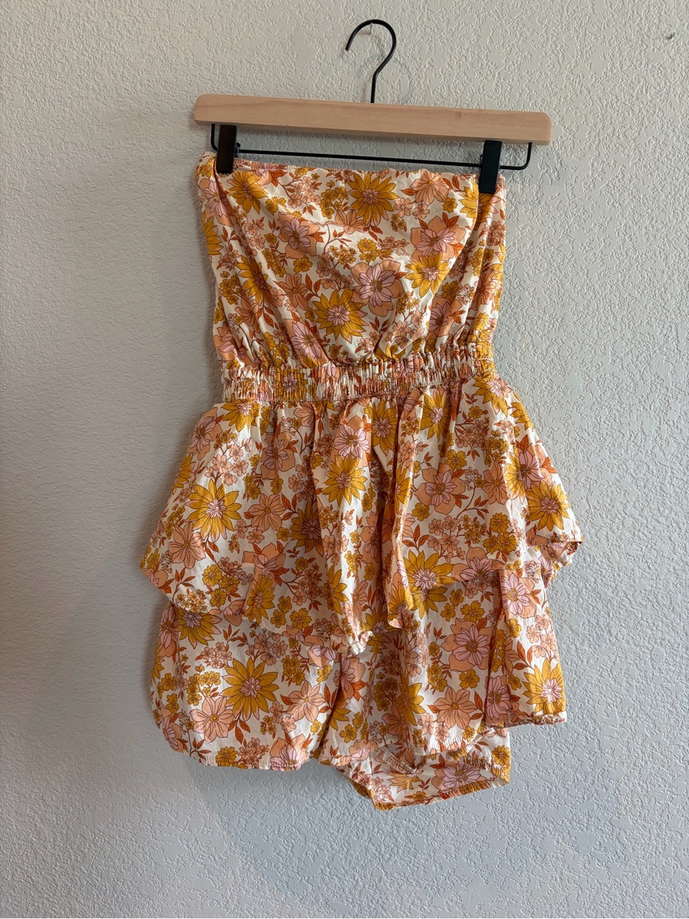 American Eagle Outfitters Yellow Pink Floral Strapless Romper Shorts
